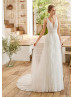 Plunging Neck Ivory Lace Dots Tulle Ruffled Wedding Dress